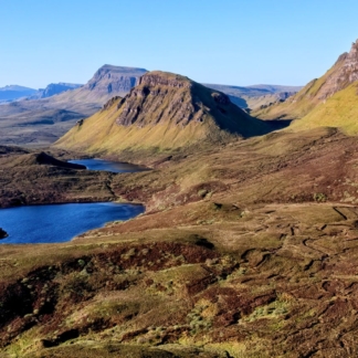 Aerial view of Scotland's landscape featuring rolling hills